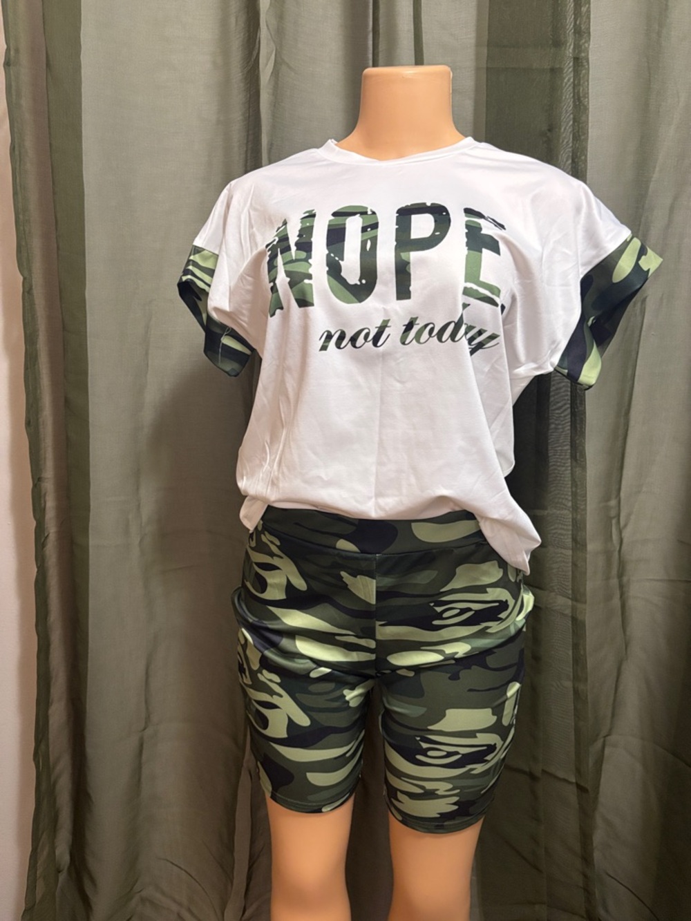White Tee & Green Camo Women’s Shorts Set - NOPE Not Today